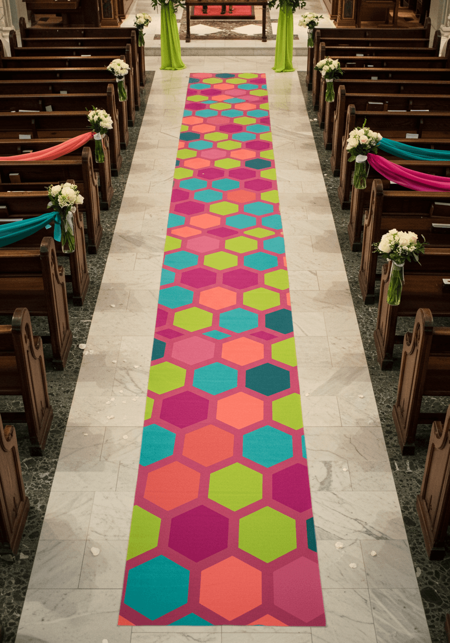 Overhead bird's eye view of geometric hexagon aisle runner in magenta, turquoise, coral and lime green on white marble church aisle