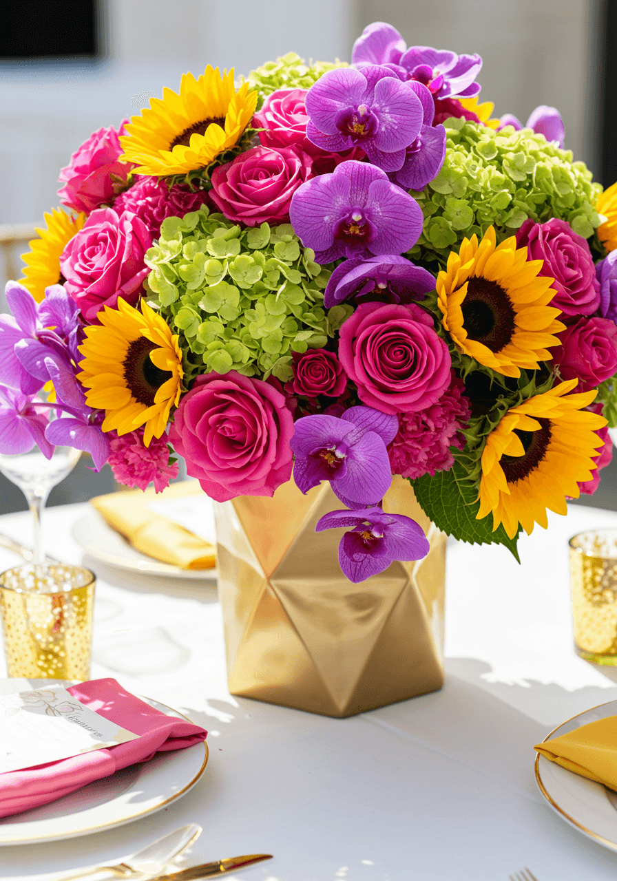 Elaborate floral centrepiece featuring hot pink roses, purple orchids, and yellow sunflowers in modern geometric gold vessel