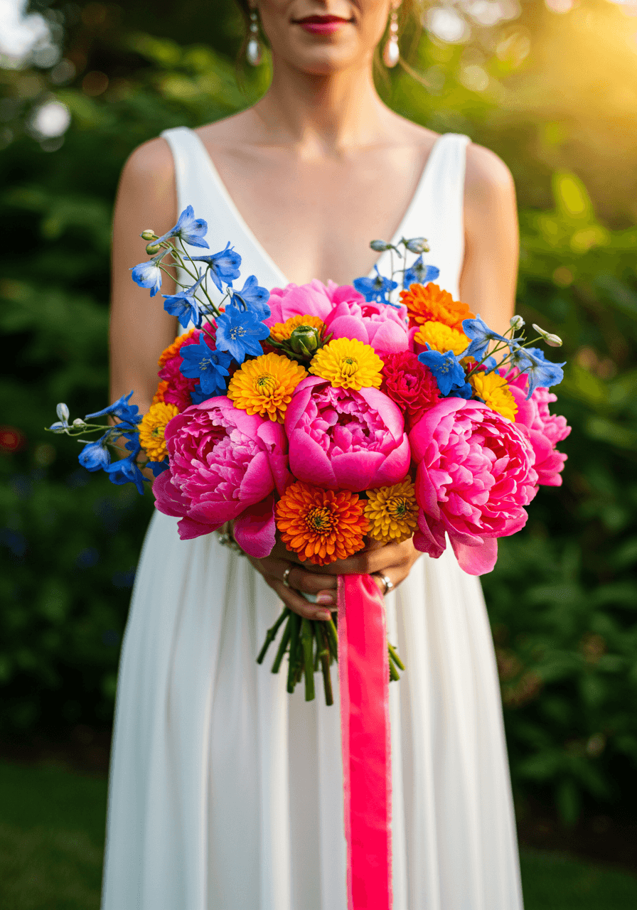 Bride holding stunning bridal bouquet with neon pink peonies and electric blue delphiniums bathed in golden sunlight