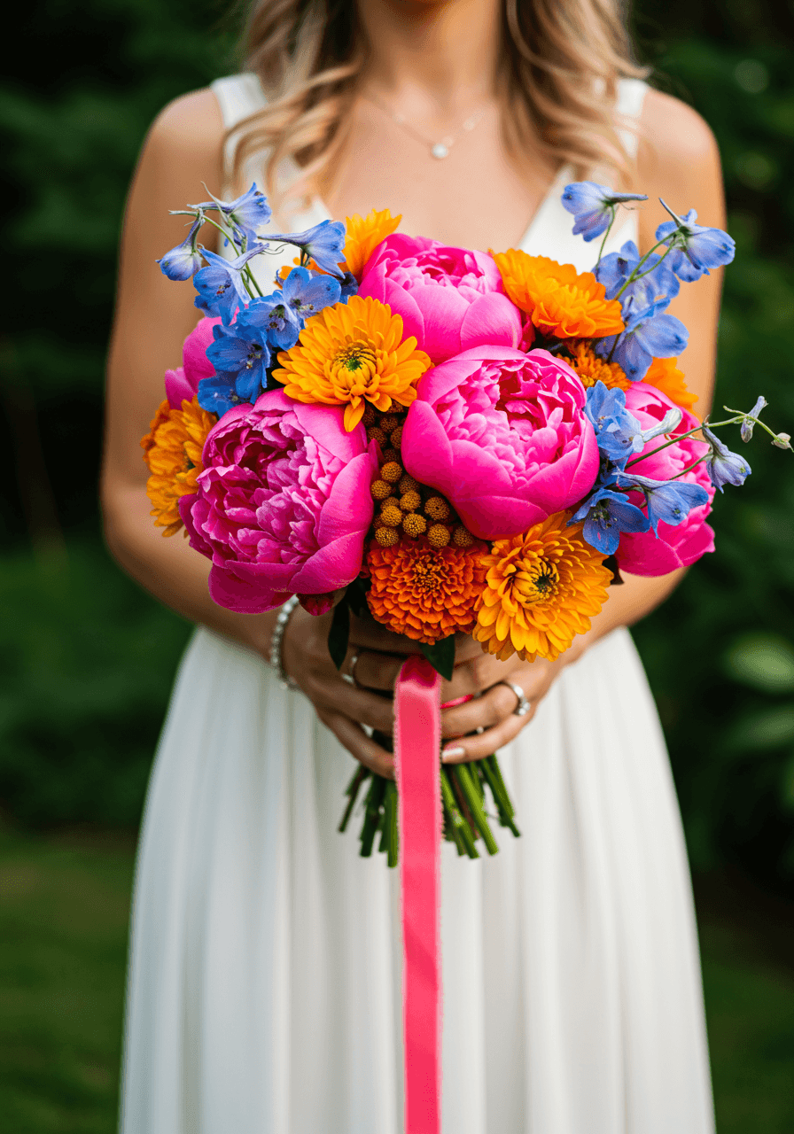 Macro detail of vibrant wedding bouquet with saturated flower colours and morning dew drops on petals