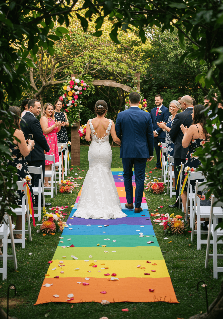 Bride and groom walking down vibrant rainbow-striped aisle runner scattered with colourful petals in outdoor garden ceremony