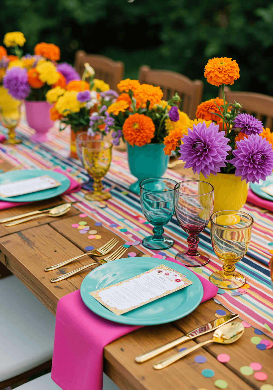 Golden hour illuminated wedding tablescape featuring rainbow place settings and colourful florals in garden setting