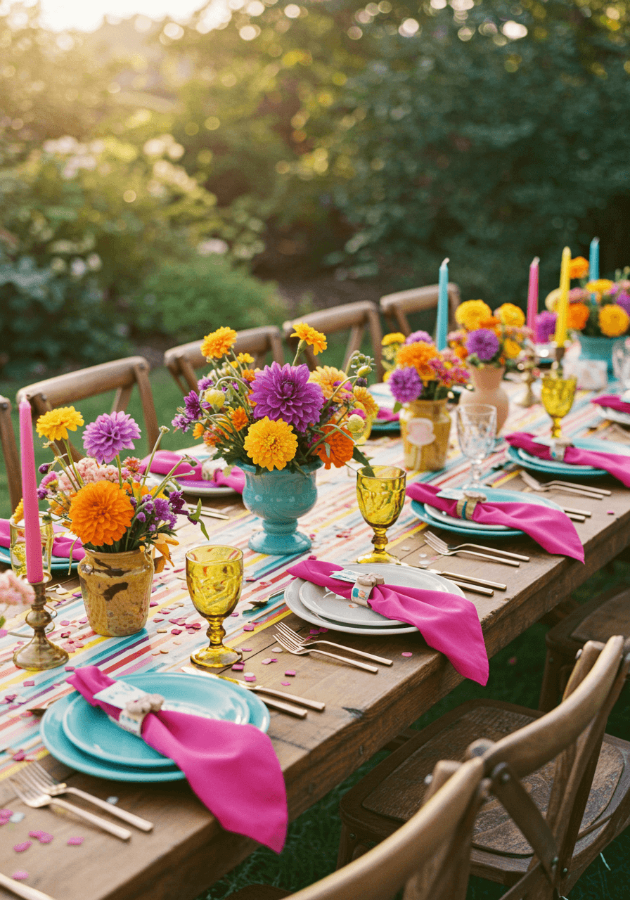Wide view of rainbow wedding tablescape with multicoloured dinnerware and whimsical centrepieces in garden pavilion