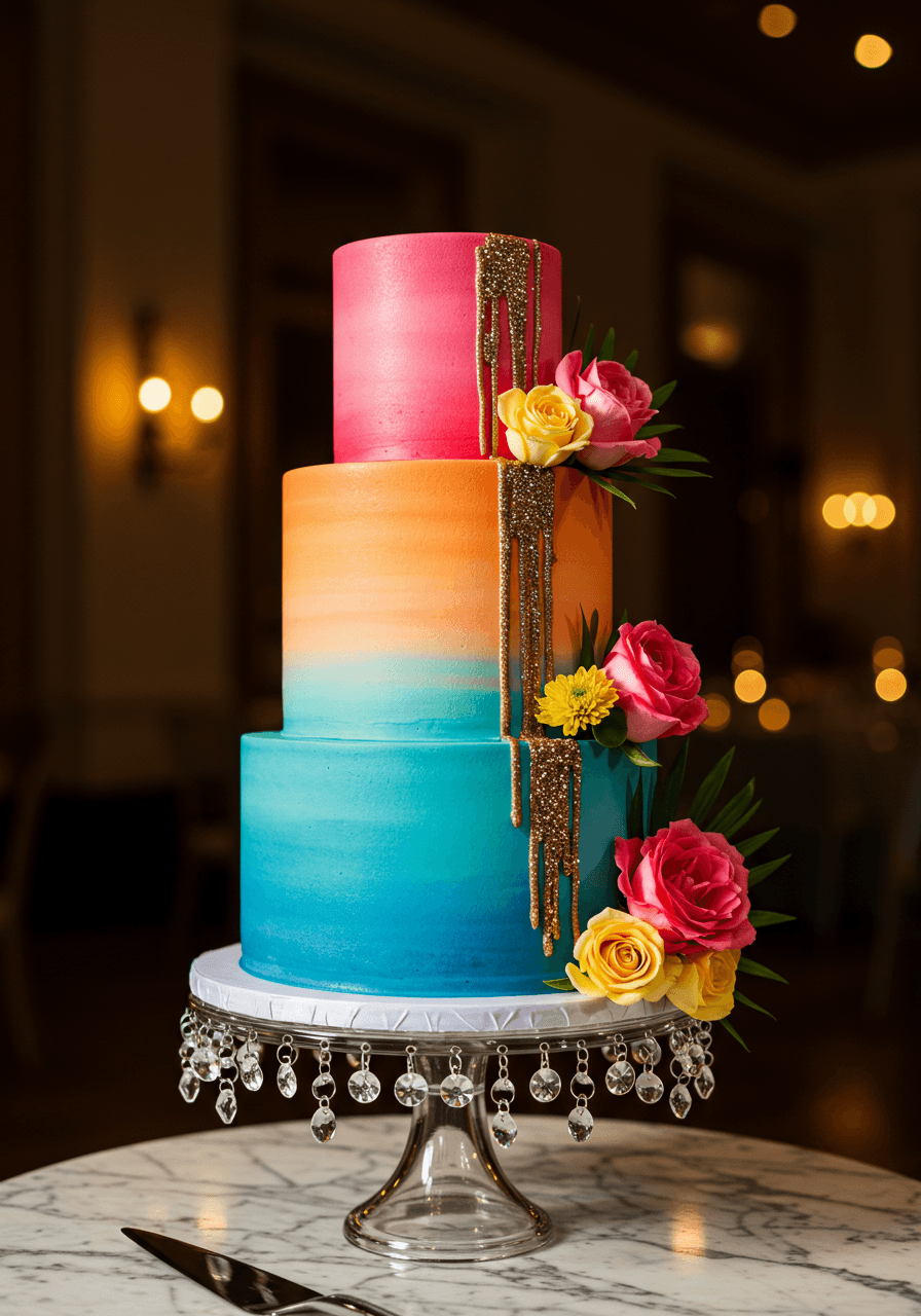 Low angle view of gradient wedding cake with edible glitter details and tropical flowers during golden hour reception lighting