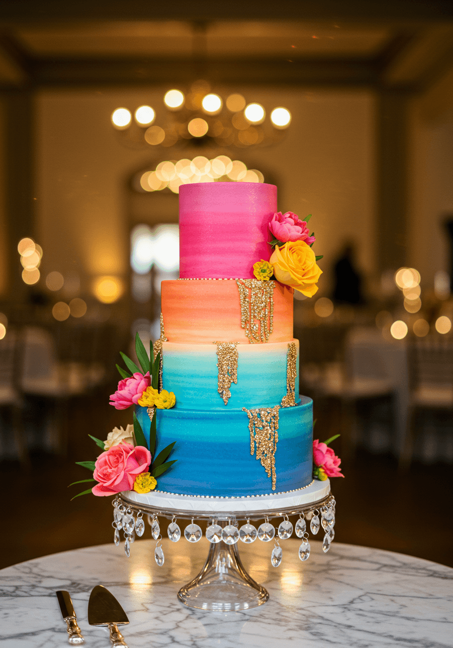 Three-tier wedding cake with rainbow gradient icing transitioning from electric blue to orange to hot pink on crystal cake stand