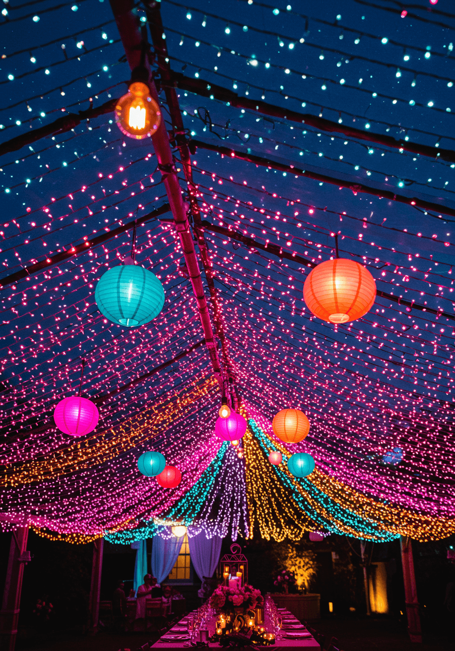 Upward view of spectacular rainbow string light installation with bokeh effects creating magical ceiling canopy at reception