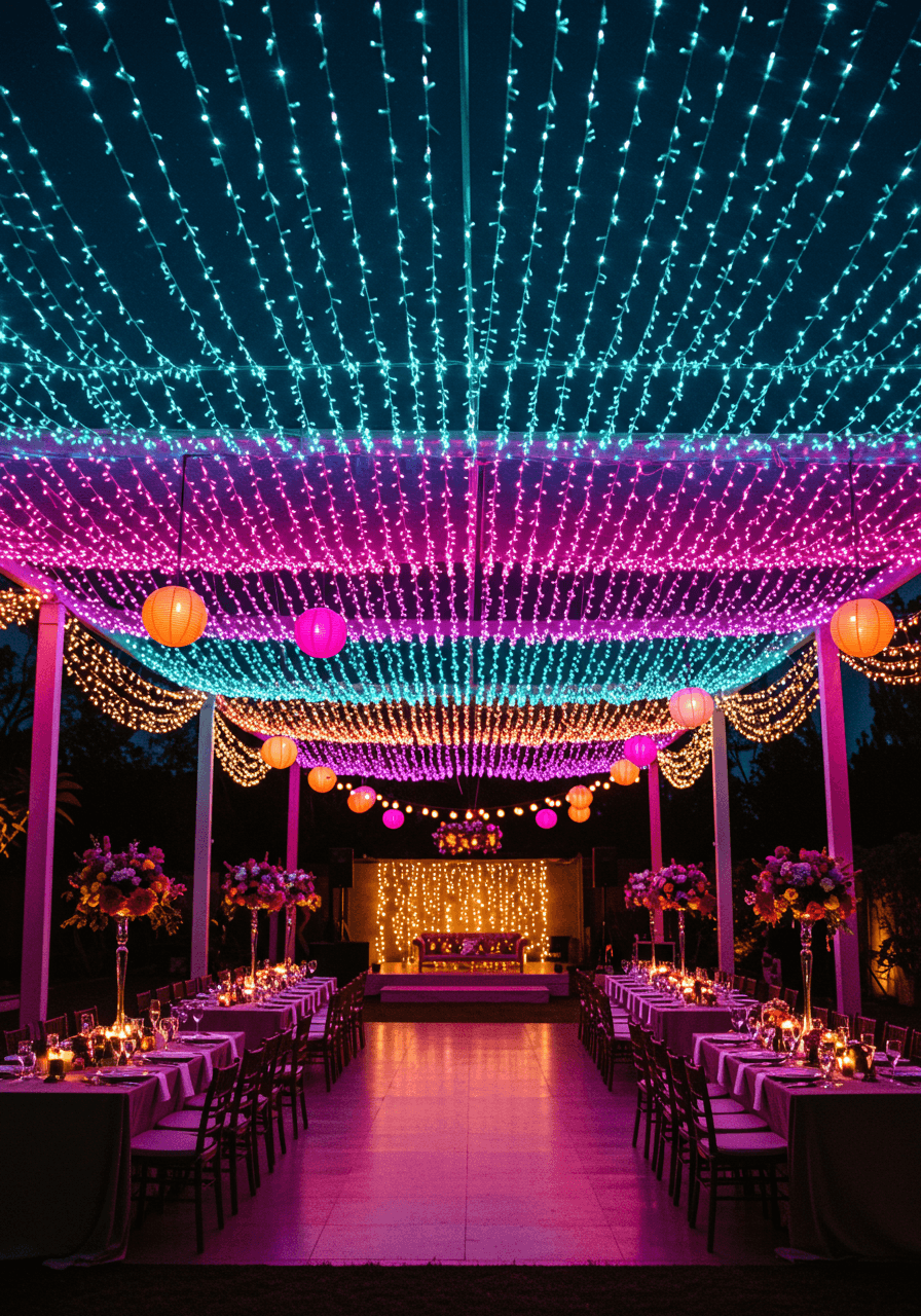 Glamorous outdoor wedding reception with canopy of hundreds of rainbow-coloured string lights creating luminous ceiling overhead