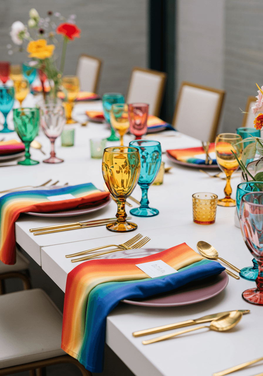 Overhead view of rainbow-coloured glassware and vibrant place settings with multicoloured napkins and gold flatware