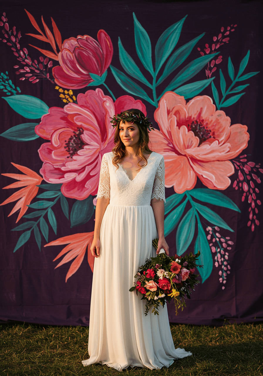 Bride standing before dramatic hand-painted backdrop featuring oversized tropical flowers in hot pink, coral, and turquoise against purple background