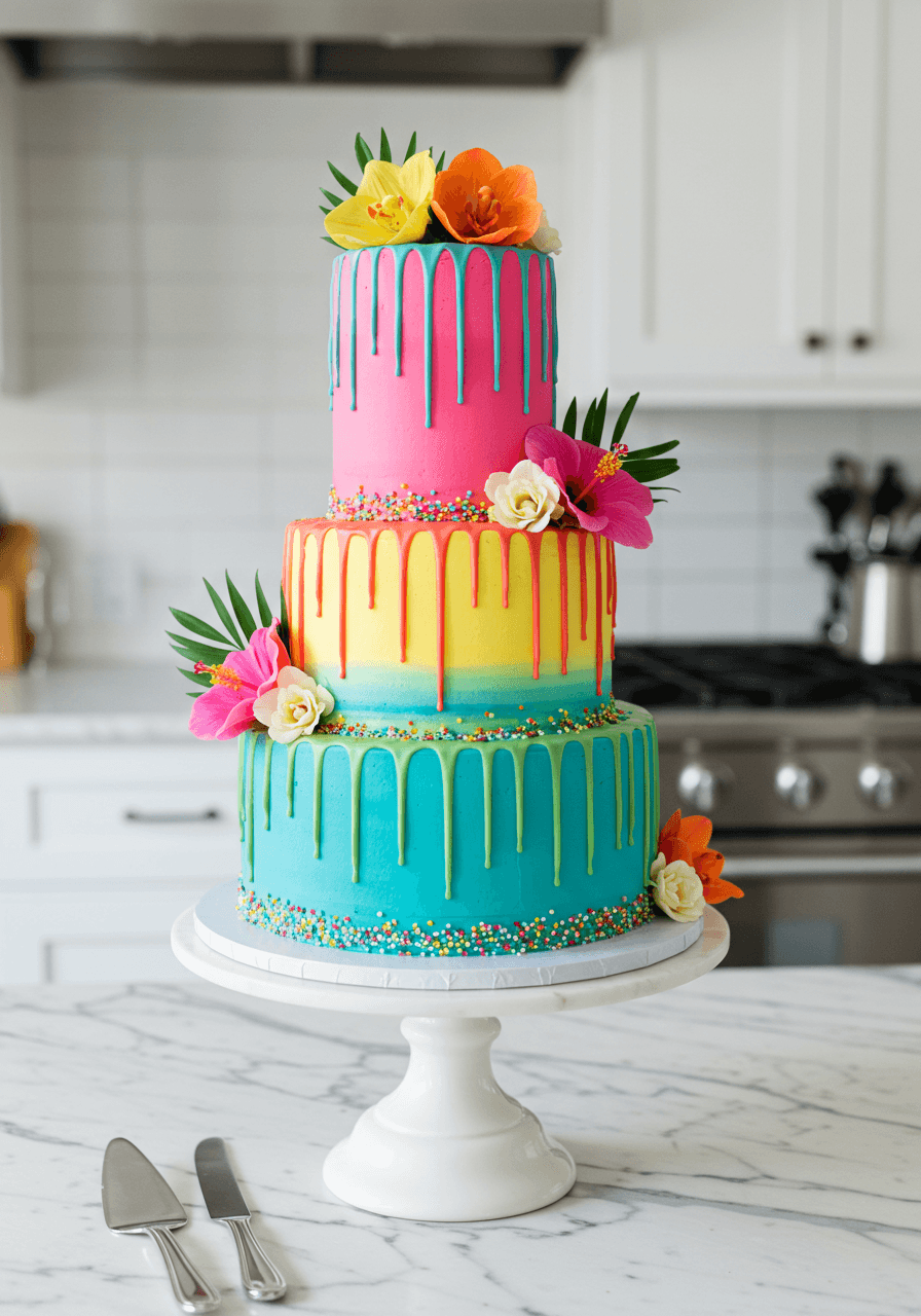 Three-tiered rainbow wedding cake with electric pink, yellow, and turquoise layers, colourful dripping ganache, and tropical flowers