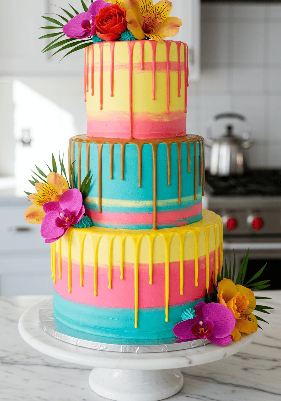 Close-up detail of vibrant wedding cake showing colourful drip effects and fresh tropical flower decorations on marble surface