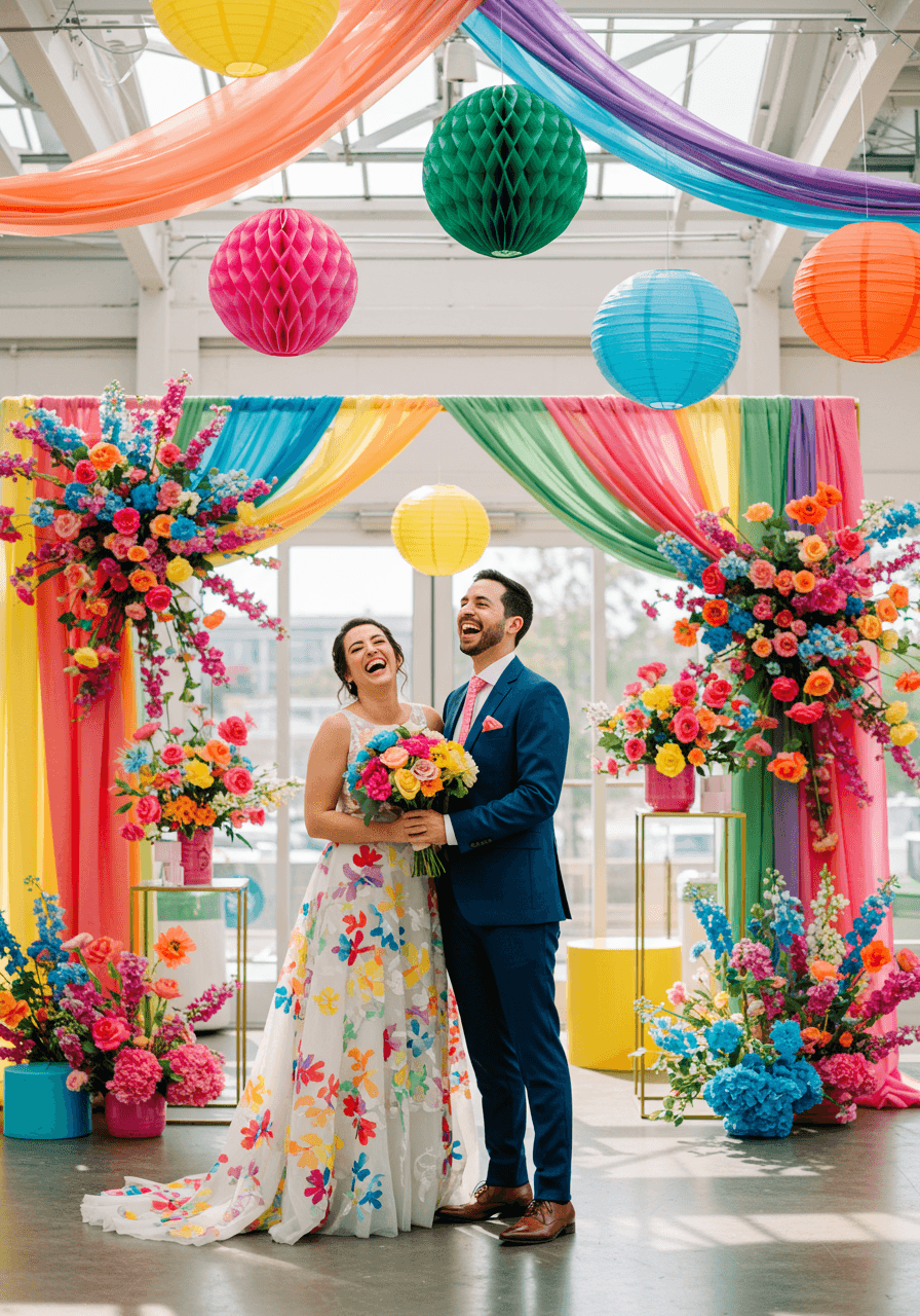 Joyful bride and groom laughing together surrounded by vibrant rainbow florals and geometric paper decorations in bright modern wedding venue
