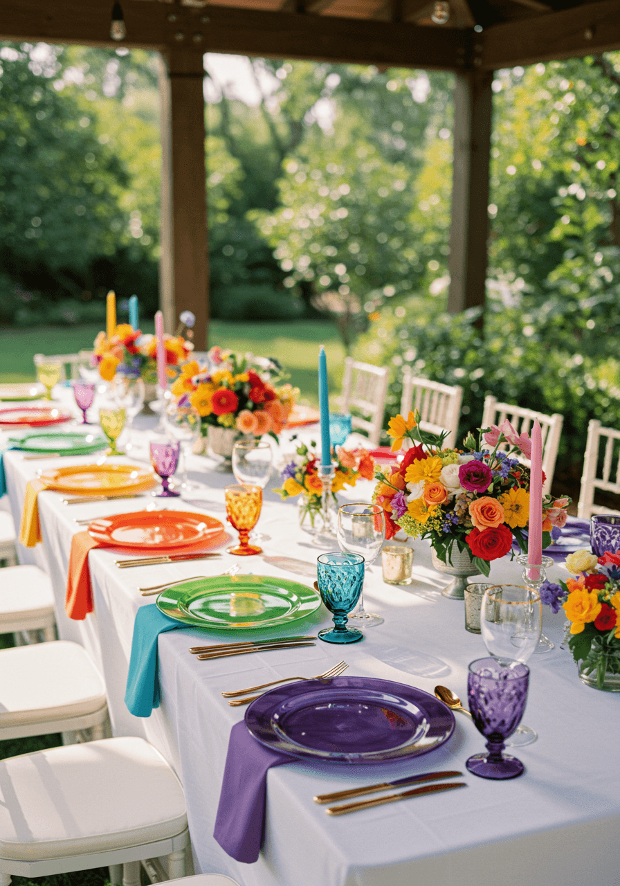 Rainbow-themed wedding tablescape featuring plates in complete colour spectrum arranged on white tablecloth in elegant garden pavilion