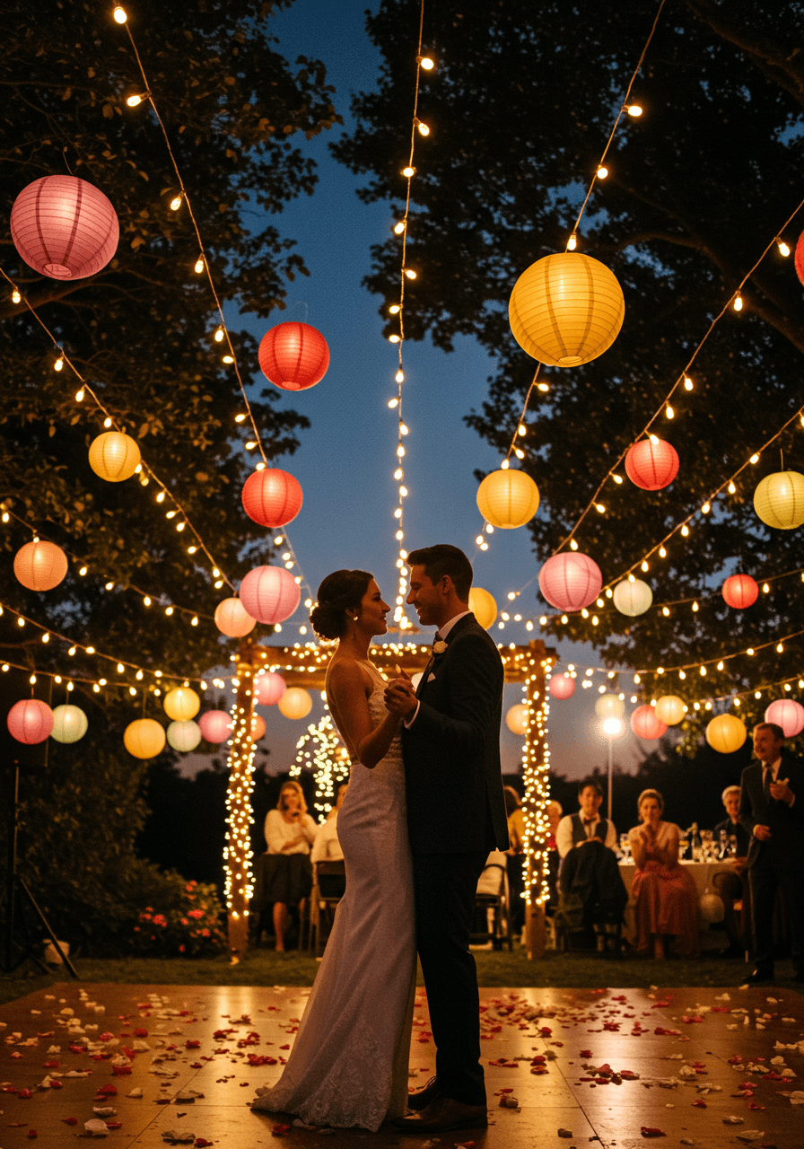 Close-up of couple dancing beneath twinkling rainbow lights with flower petals scattered on illuminated dance floor