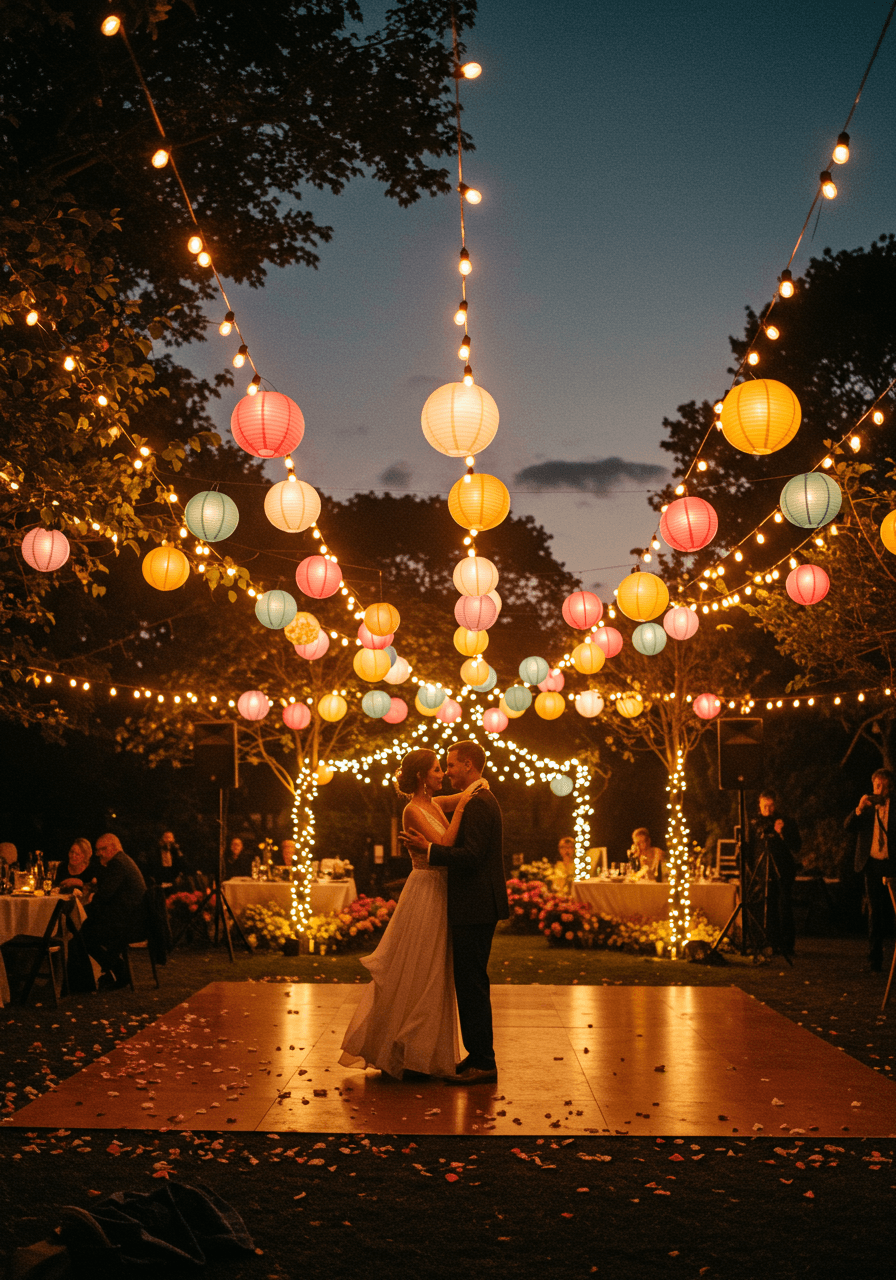 Couple dancing under spectacular display of colourful string lights and lanterns in outdoor reception space during twilight