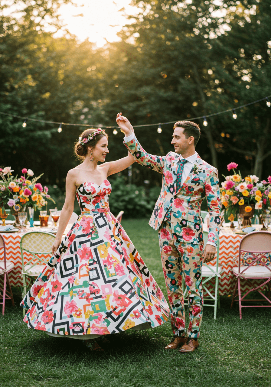 Bride in vibrant floral-print dress and groom in colourful patterned suit dancing at outdoor garden reception with eclectic decor