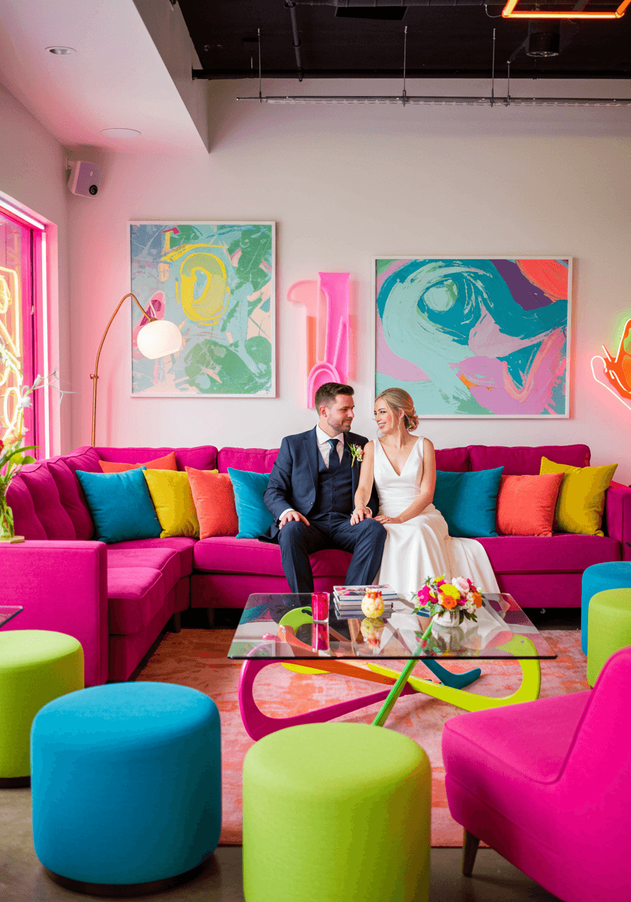 Bride and groom relaxing together on vibrant fuchsia velvet sectional sofa surrounded by rainbow pillows and colourful artwork