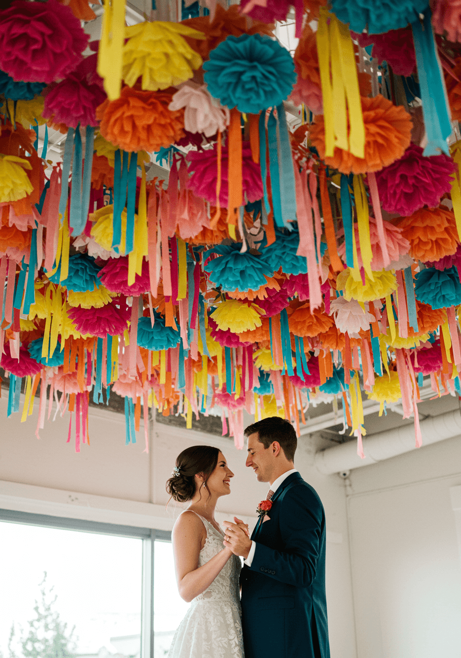 Close-up view of couple's first dance under elaborate hanging paper flower and ribbon installation in reception venue