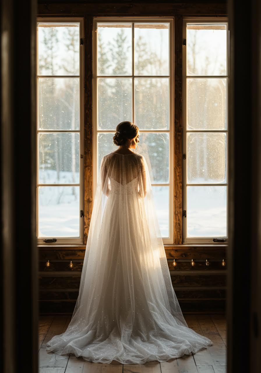 Bride adjusting sheer cape and veil in enchanting golden hour light