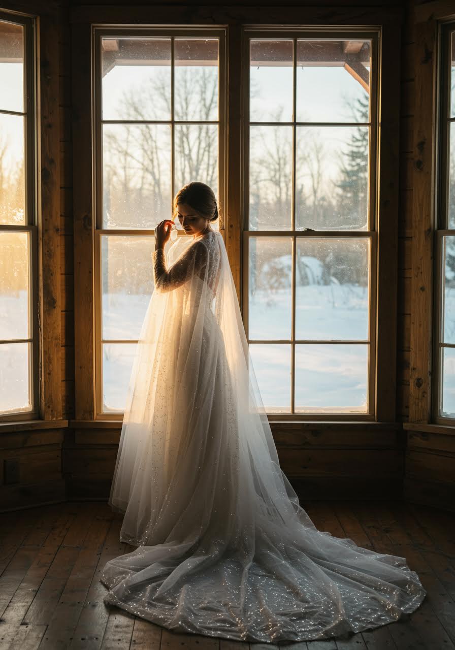 Bride in brocade dress standing by manor window in golden light