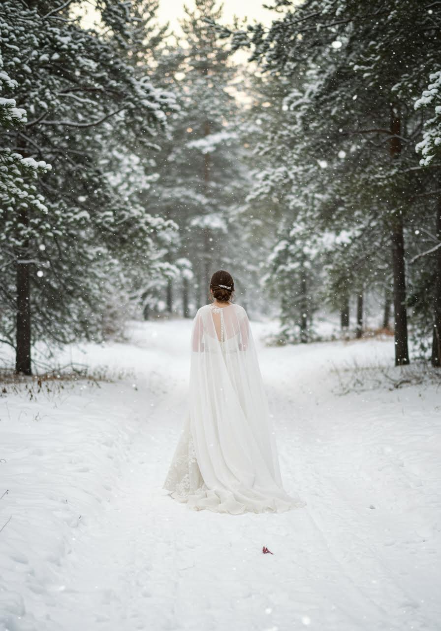 Bride with flowing cape touching tree branch on forest path