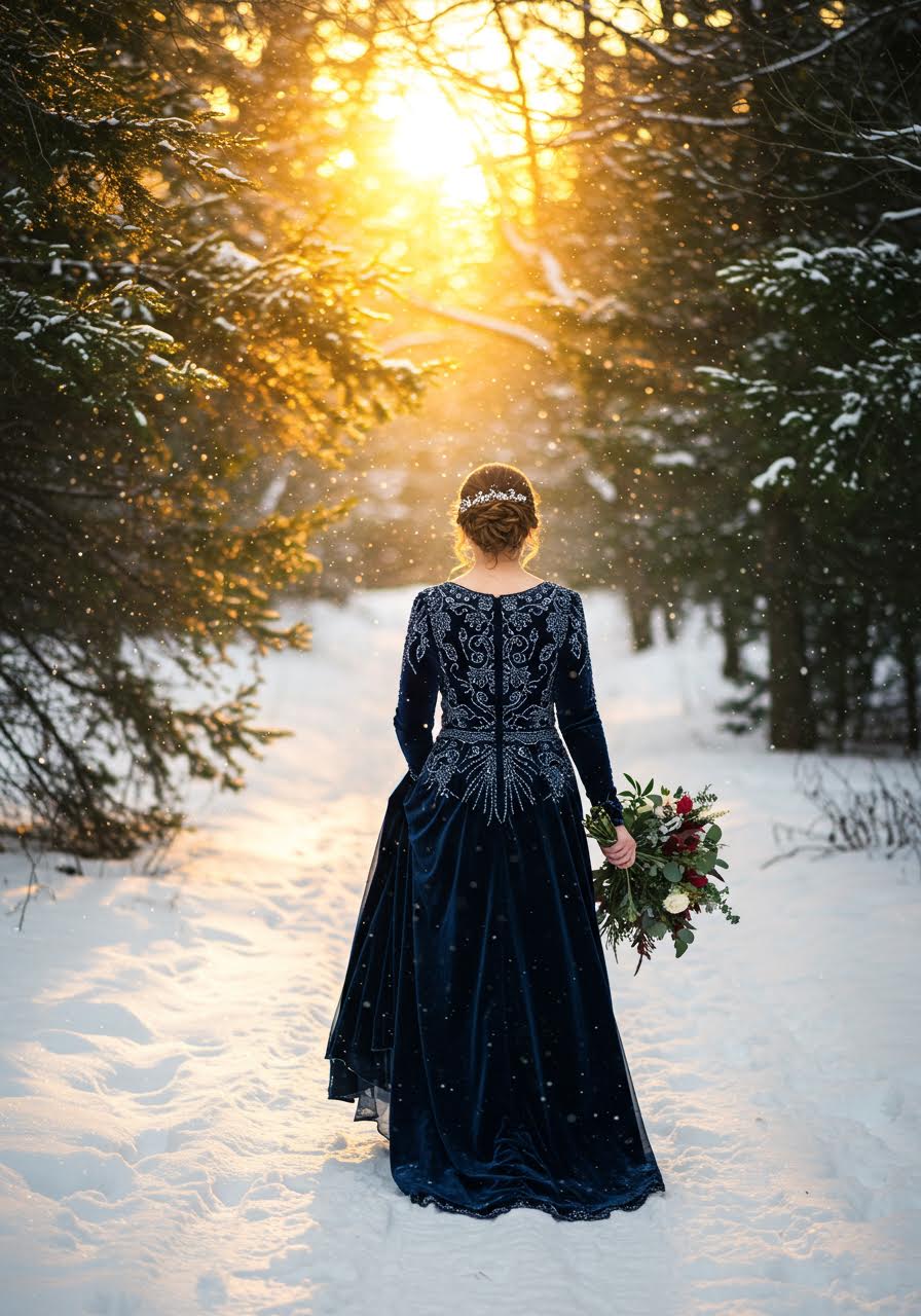 Bride wearing midnight blue velvet gown walking through winter forest