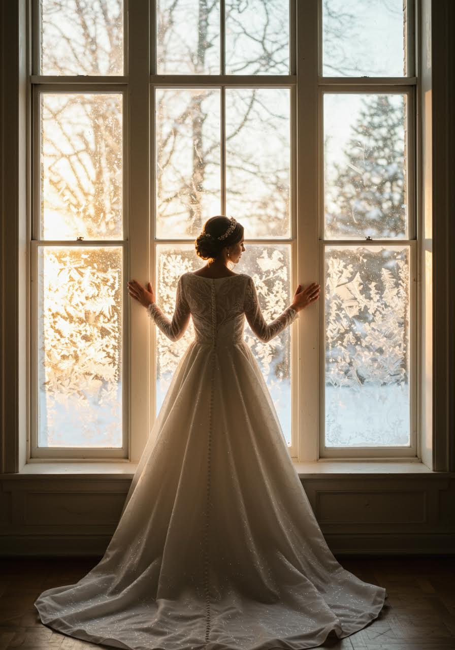 Bride in embellished long-sleeved gown posing by manor windows during golden hour