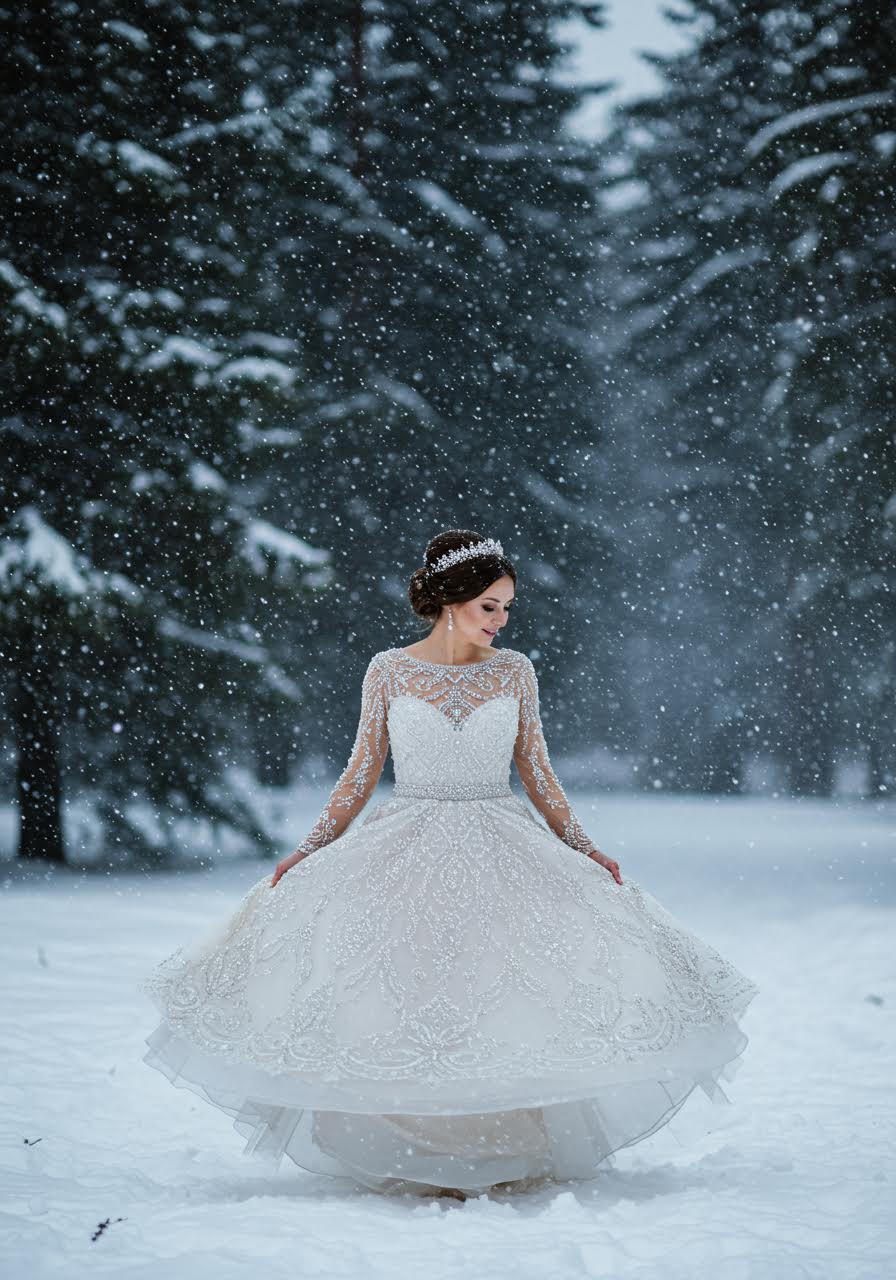 Bride in sequined dress sparkling by lodge windows during winter celebration