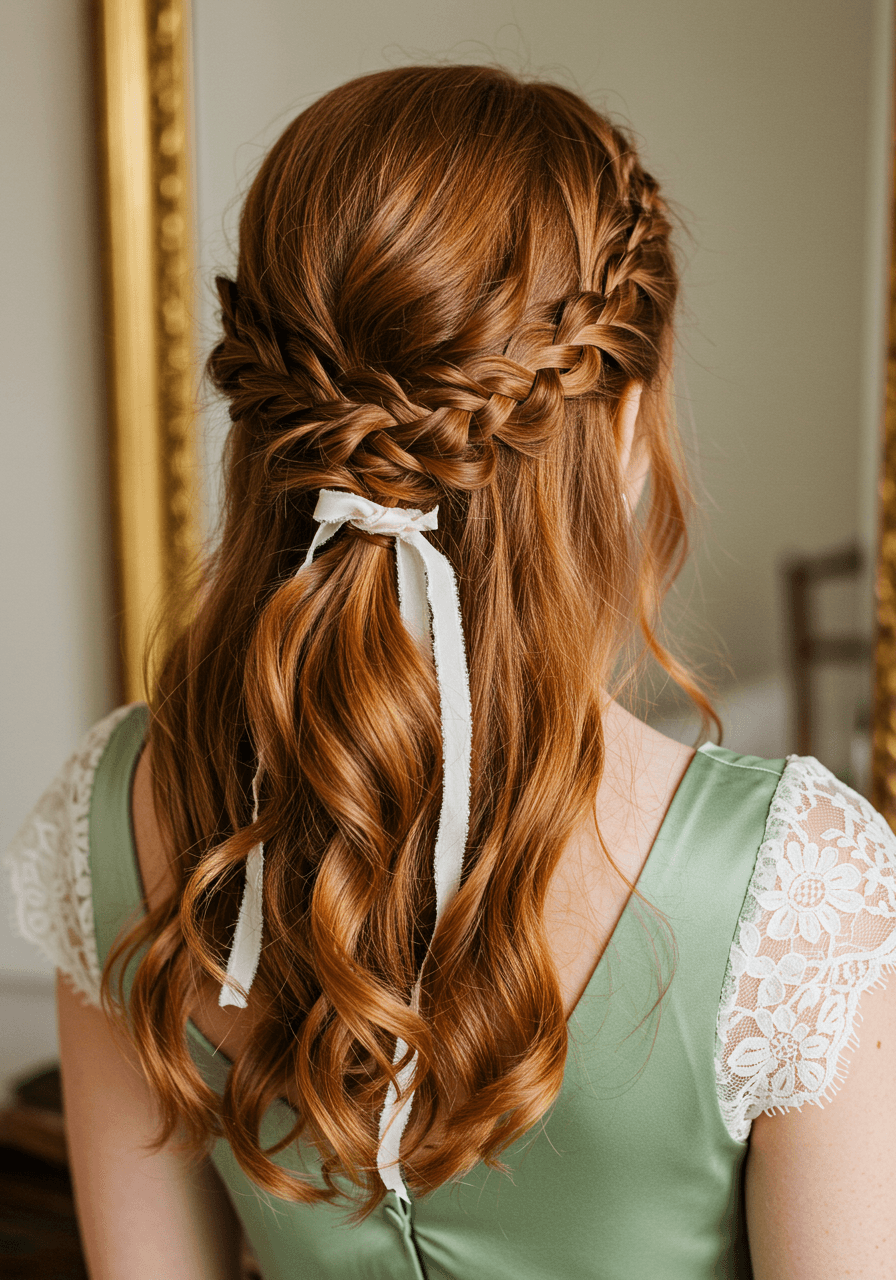 Close-up of twisted crown braid with loose auburn wavy hair flowing down in sage green lace dress beside vintage mirror