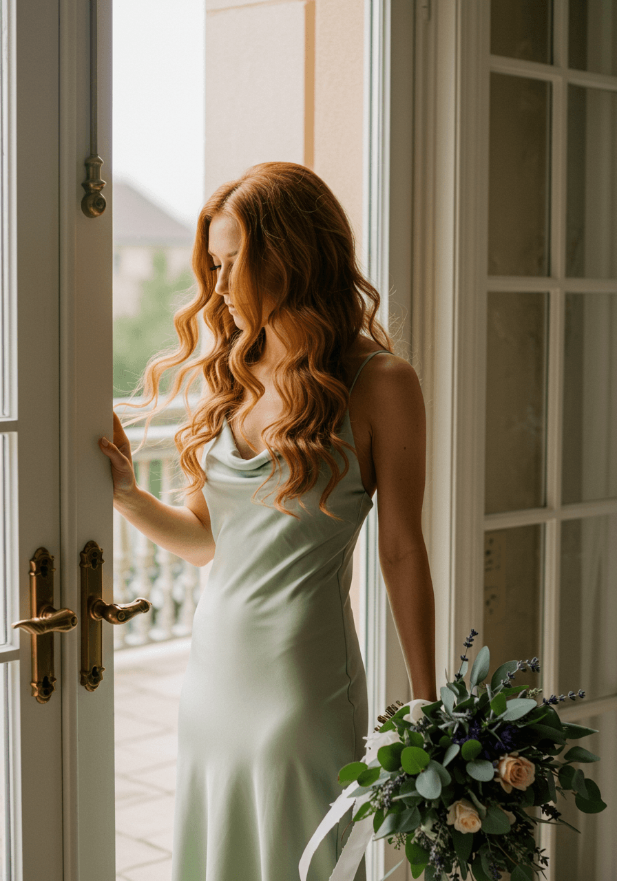 Bridesmaid with long auburn waves in sage green silk slip dress near French doors with morning light and lavender bouquet