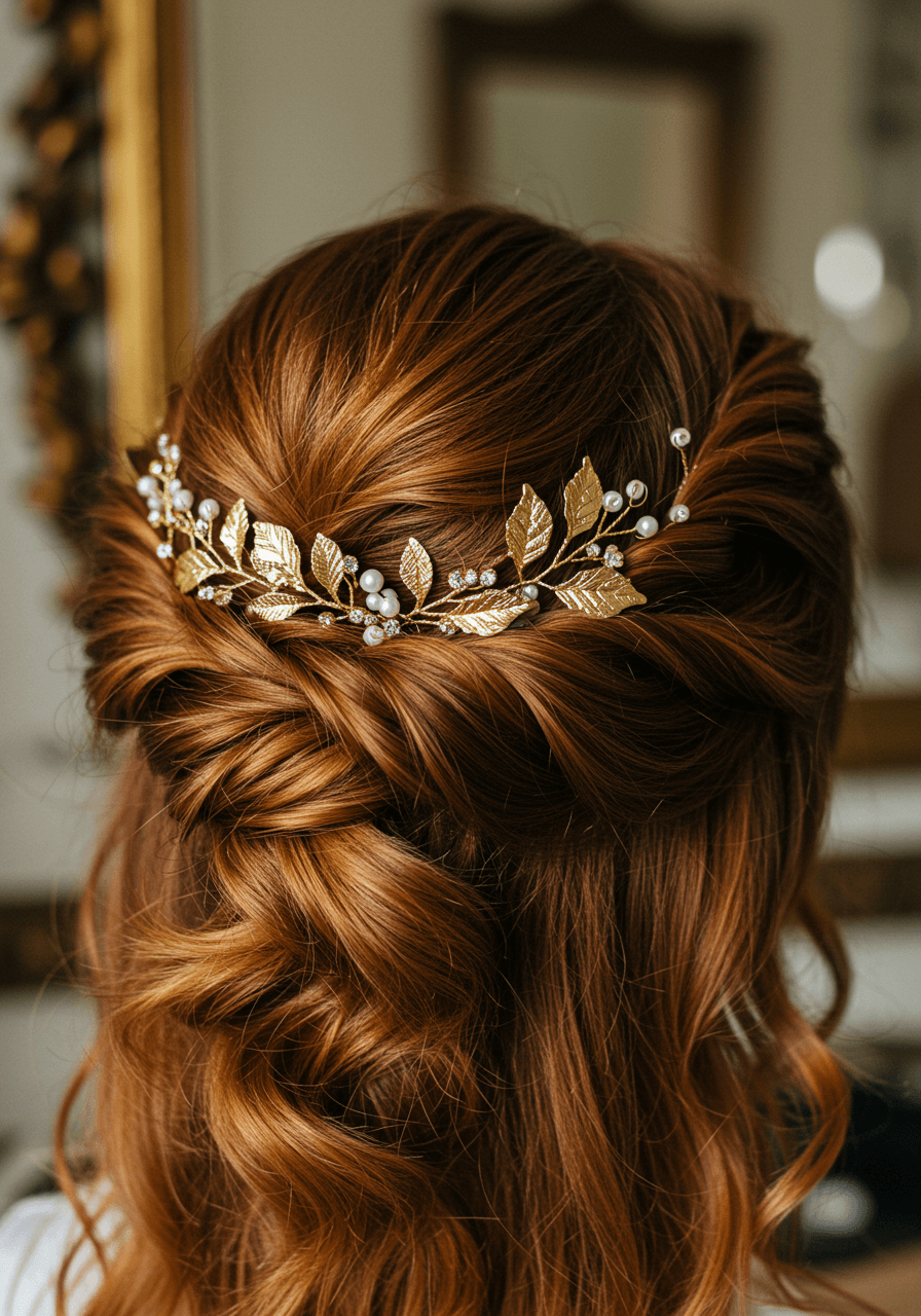 Close-up of auburn wavy hair twisted into artfully messy updo with delicate gold leaf combs and crystal pins in vintage dressing room