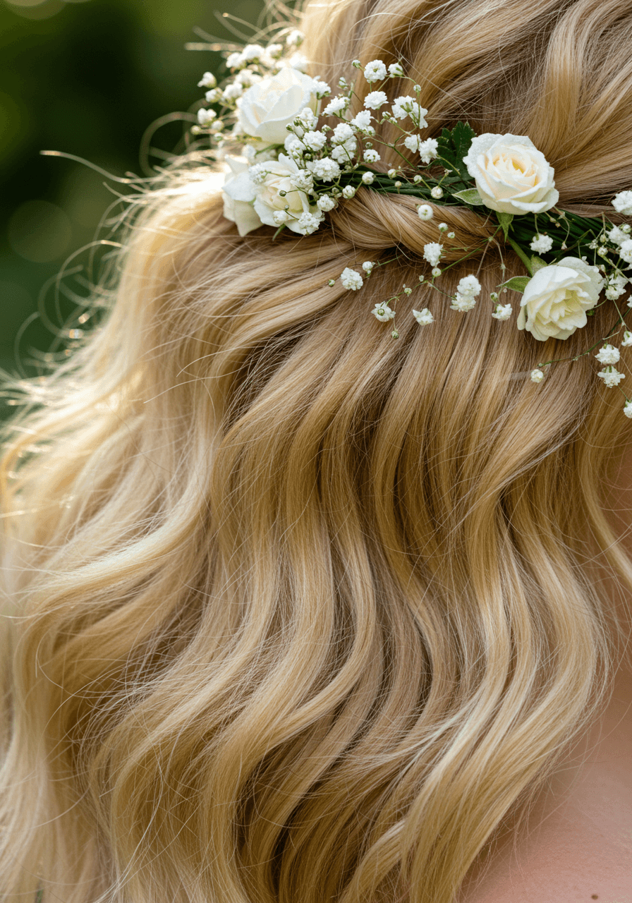 Close-up of voluminous beachy waves interwoven with delicate baby's breath and white roses in morning garden light