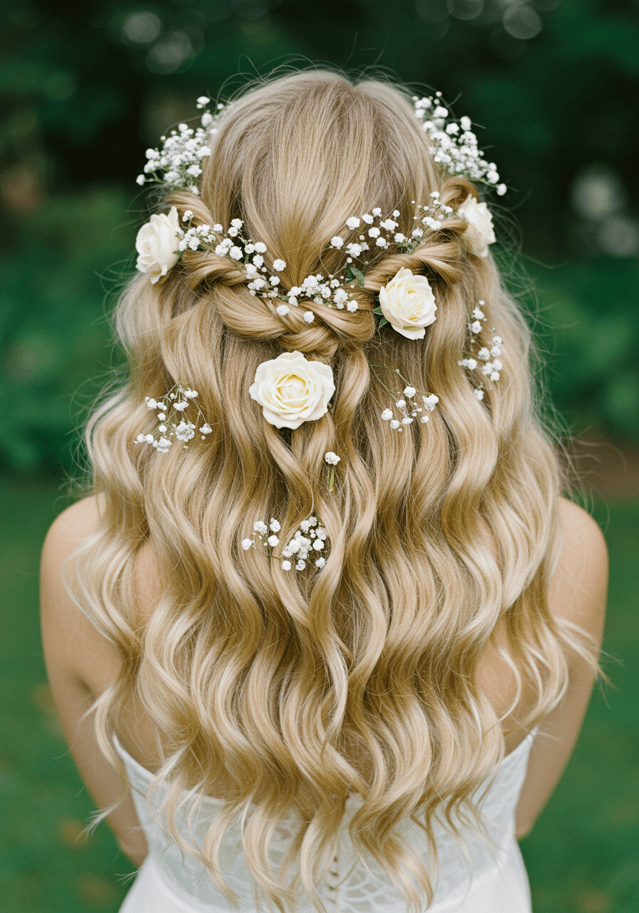 Wide view of bridesmaid's wavy hair adorned with baby's breath and white roses in outdoor garden with natural texture