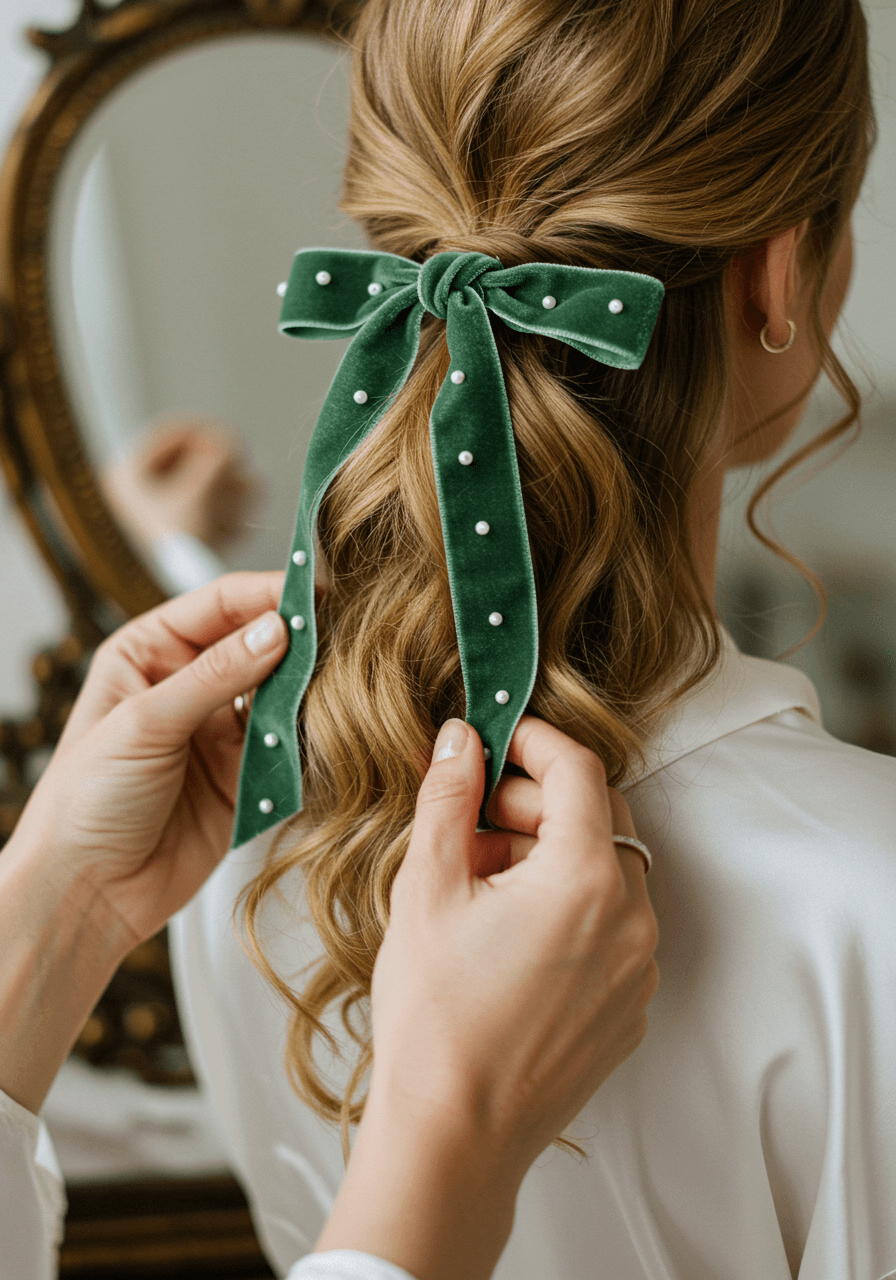 Close-up of hands adjusting textured wavy ponytail with sage green velvet ribbon and pearl accents in elegant bridal suite with vintage mirrors