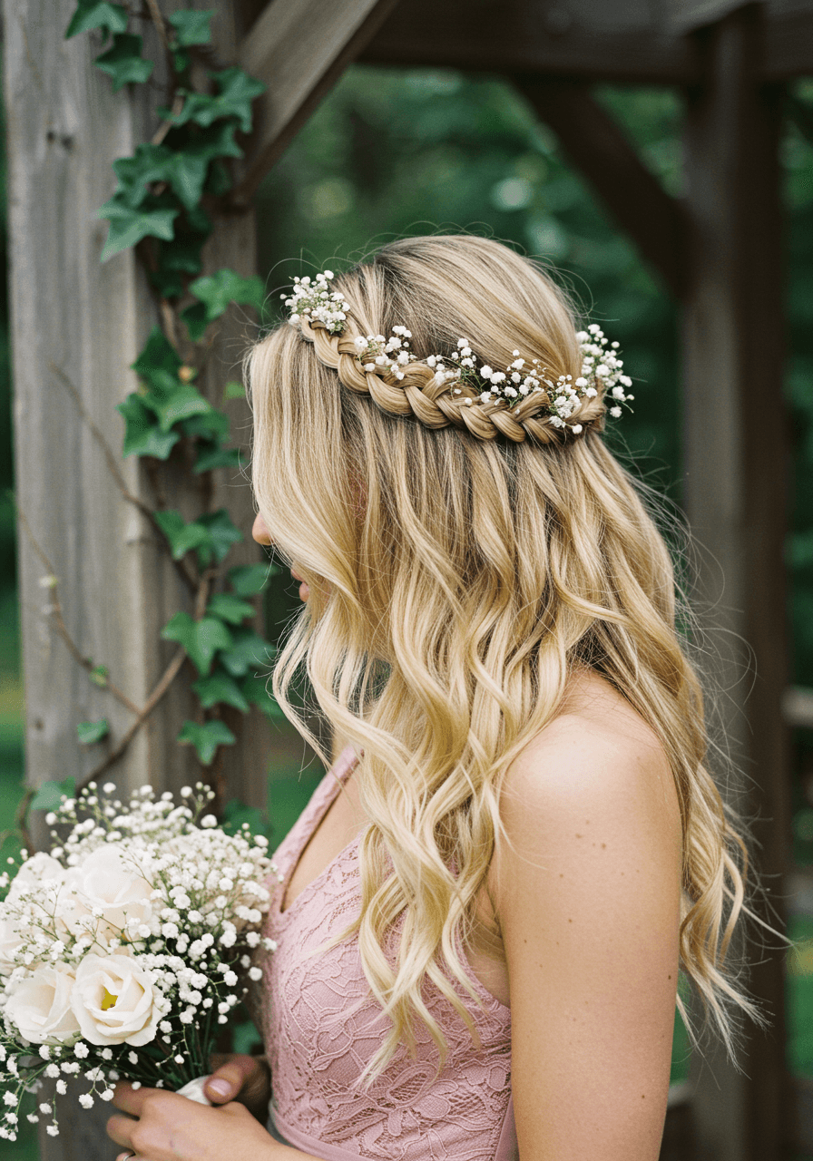 Close-up of honey blonde bridesmaid with thick braided headband adorned with baby's breath in dusty rose dress near rustic wooden arbour