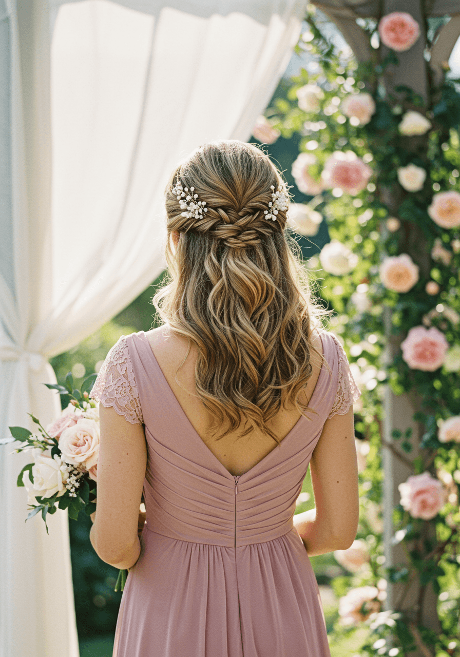 Bridesmaid with romantic half-up twisted style and loose tendrils in dusty rose chiffon at garden pavilion with climbing roses