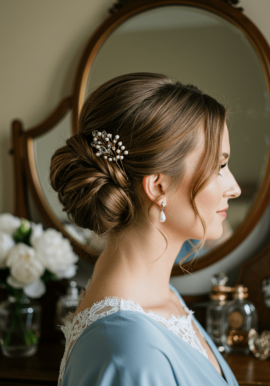 Profile of bridesmaid's low bun with wavy tendrils and pearl drop earrings beside vintage vanity mirror in dusty blue silk