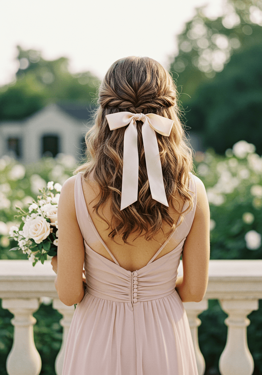 Bridesmaid with elegant textured wavy low ponytail adorned with cream silk ribbon bow in dusty rose dress at garden terrace with white roses