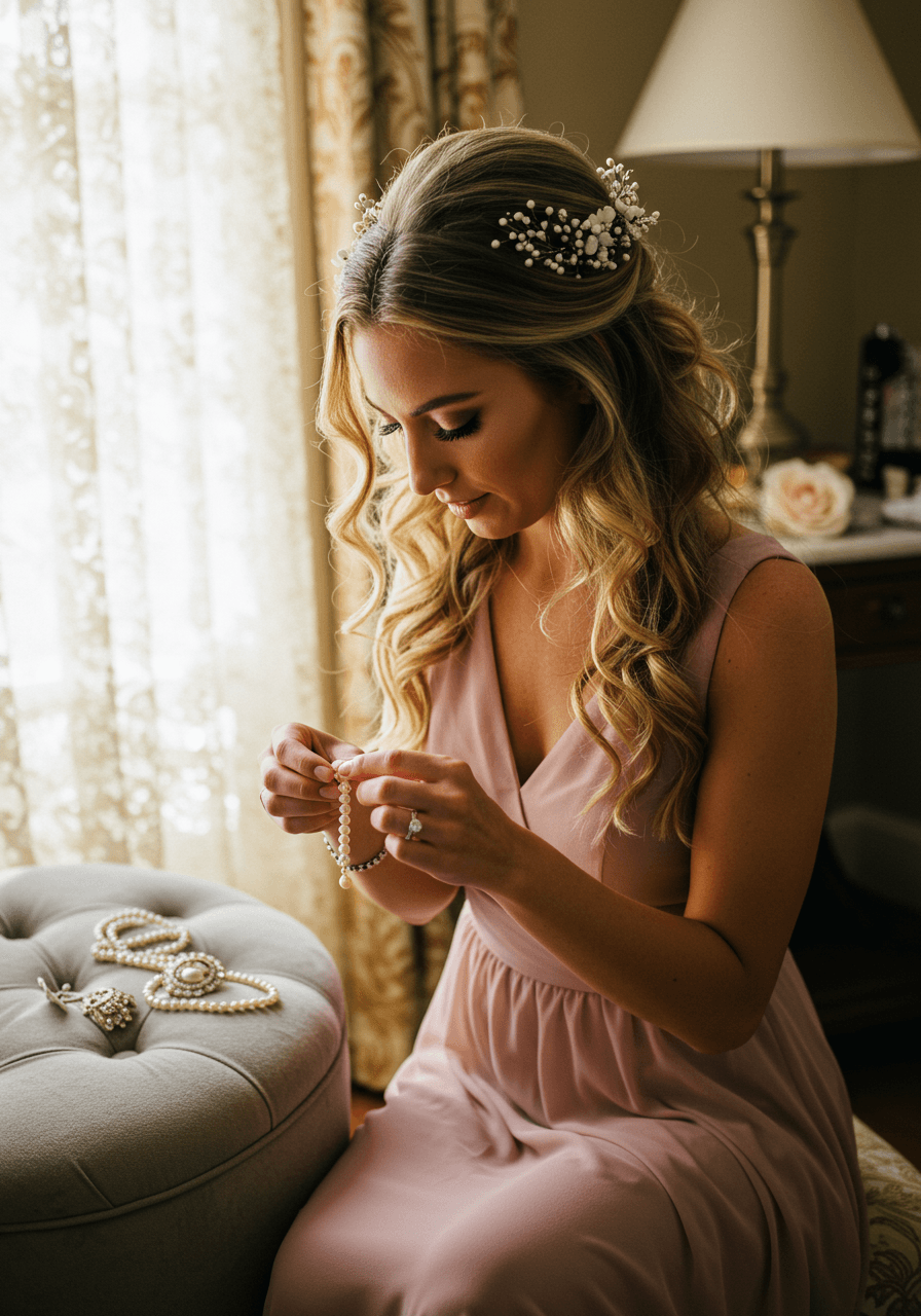 Bridesmaid adjusting pearl bracelet with messy wavy updo and floral accessories in romantic bridal suite during golden hour