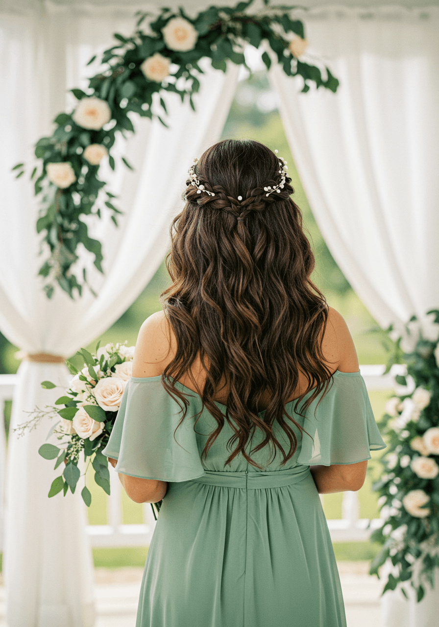 Bridesmaid with intricate braided headband and flowing waves in sage green chiffon at garden pavilion with eucalyptus and roses