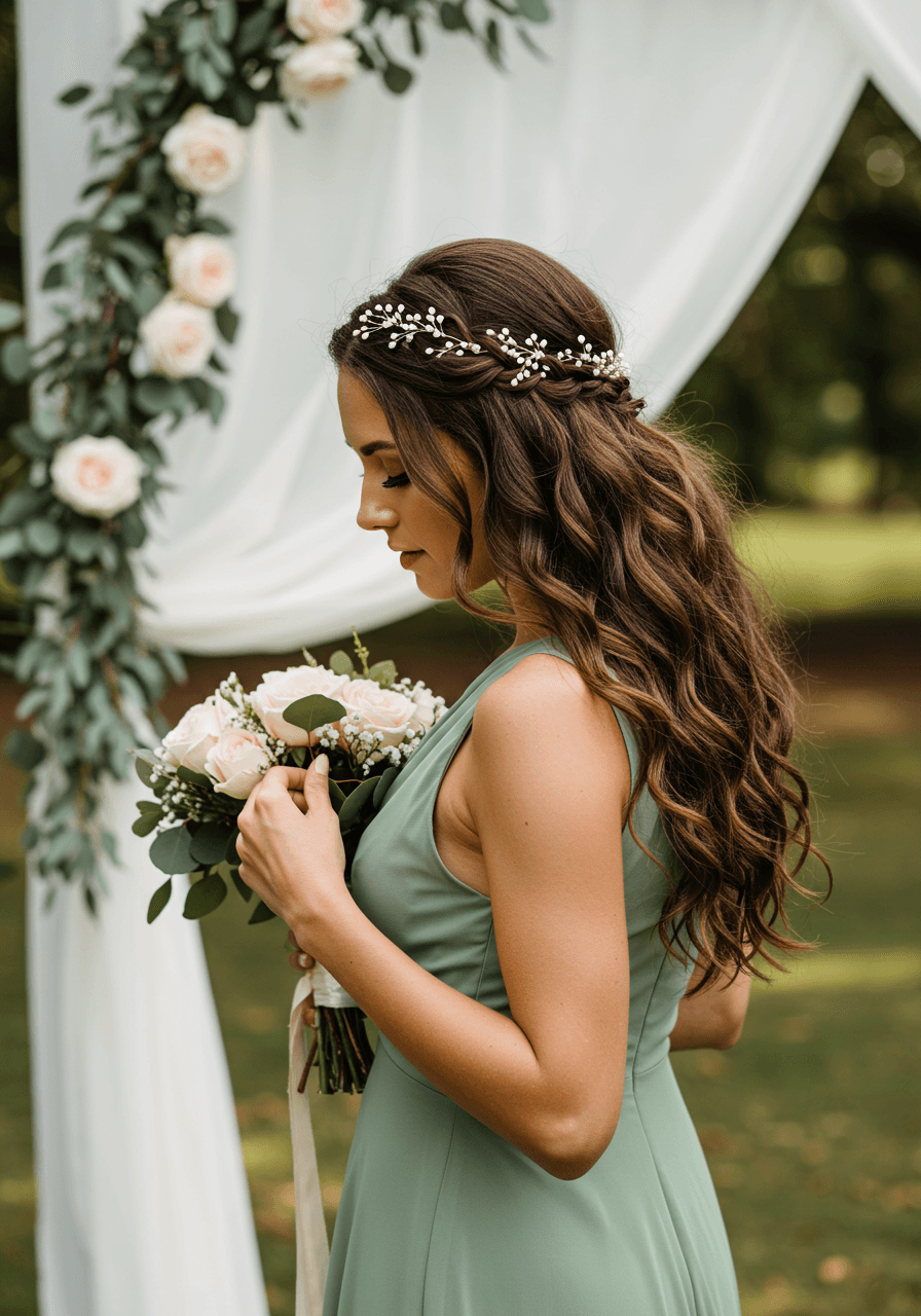 Bridesmaid adjusting sage green chiffon dress with braided headband hairstyle and natural waves in sunlit garden
