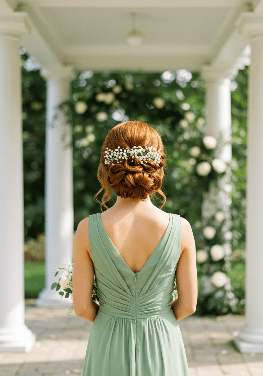 Bridesmaid with elegant low bun and soft wavy face-framing pieces in sage green chiffon at garden pavilion with baby's breath