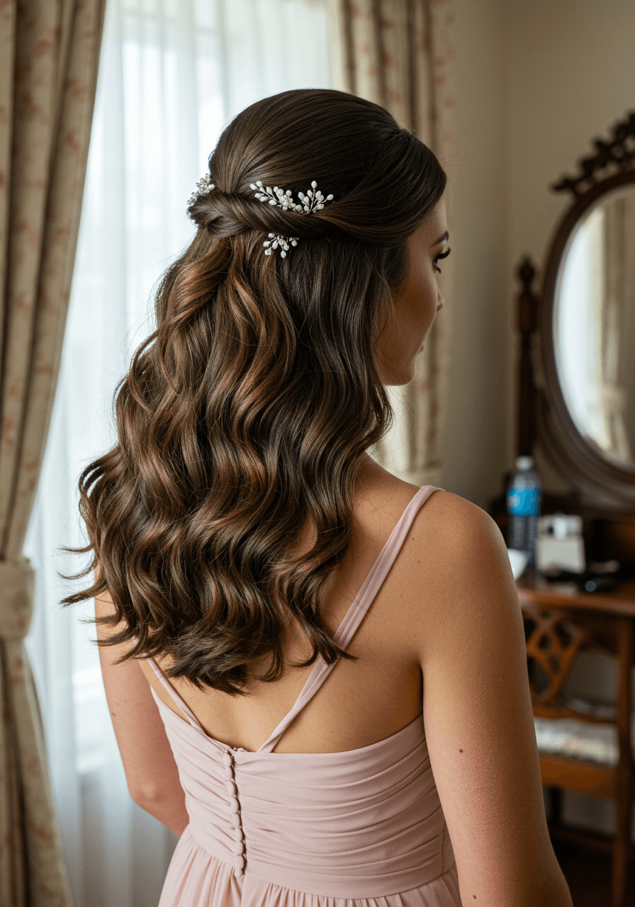 Bridesmaid with sleek side-parted hair styled in soft wavy curls in dusty rose dress at elegant bridal suite with pearl accessories