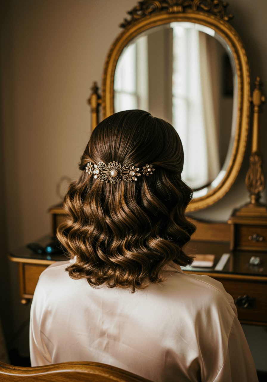 Close-up detail of perfectly styled finger waves and victory rolls beside vintage vanity mirror in upscale bridal suite with ivory silk robe