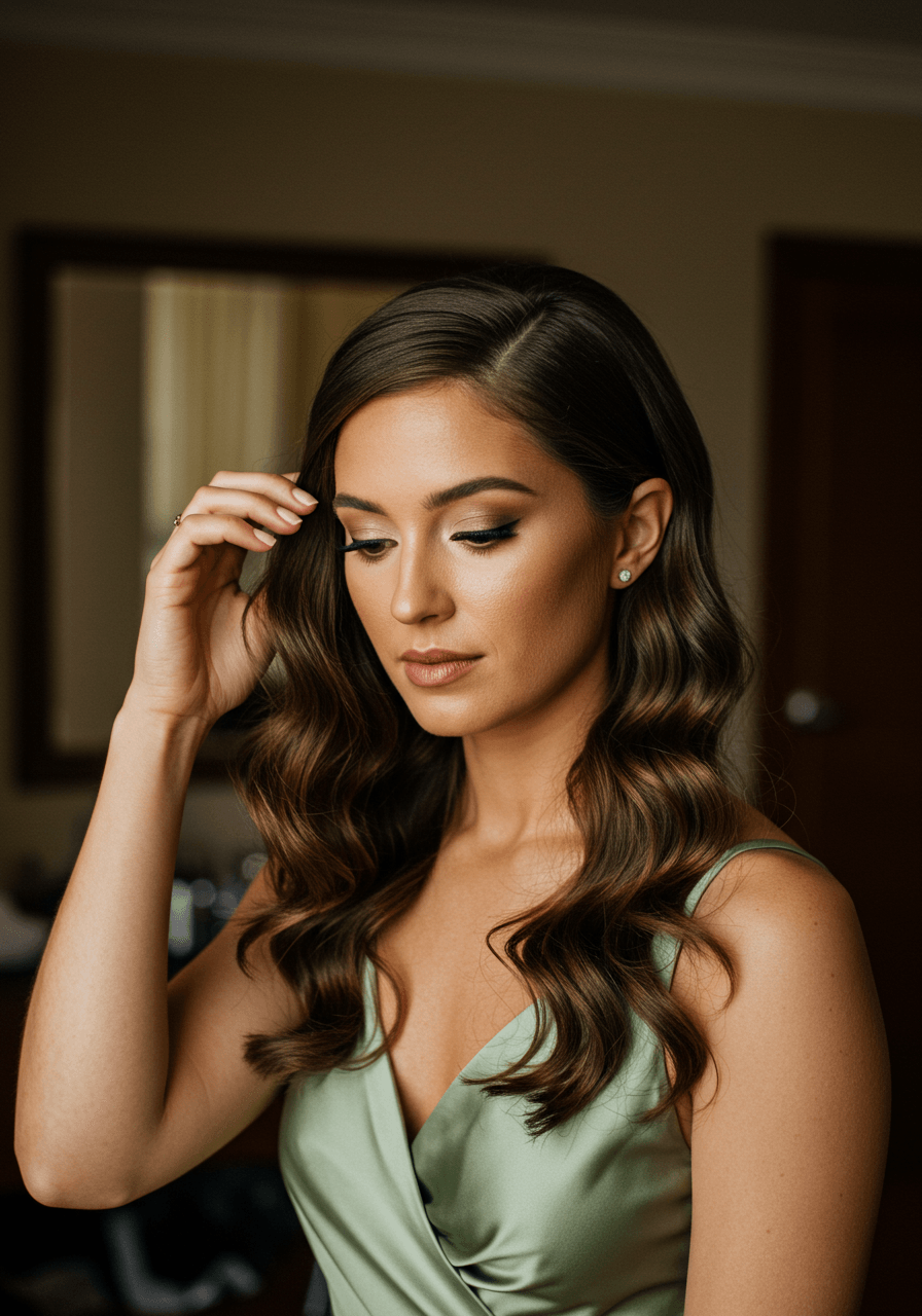 Medium shot of bridesmaid with glossy side-parted waves in sage green silk dress in luxurious hotel preparation room