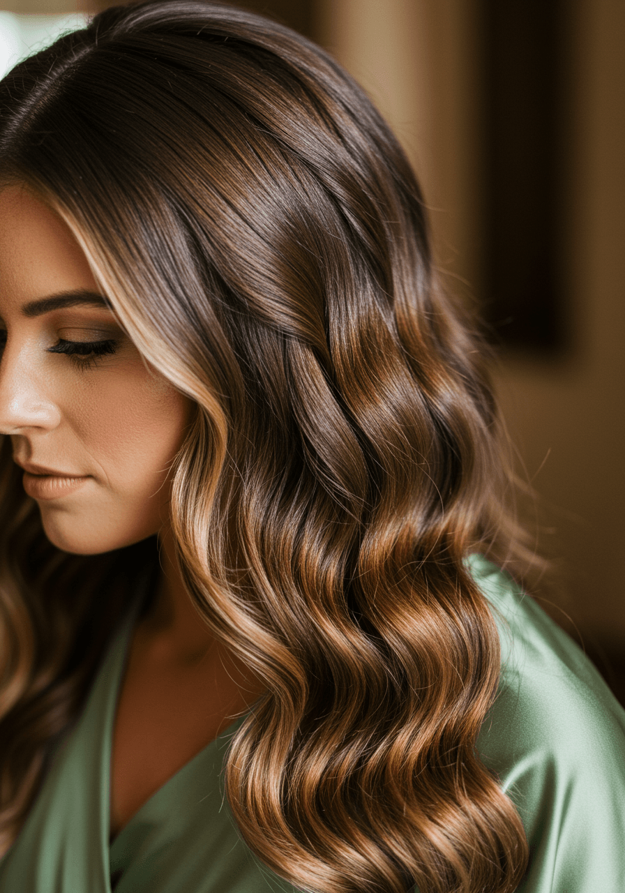 Close-up detail of sleek side part transitioning into soft wavy curls cascading over shoulder in sage green silk with golden lighting
