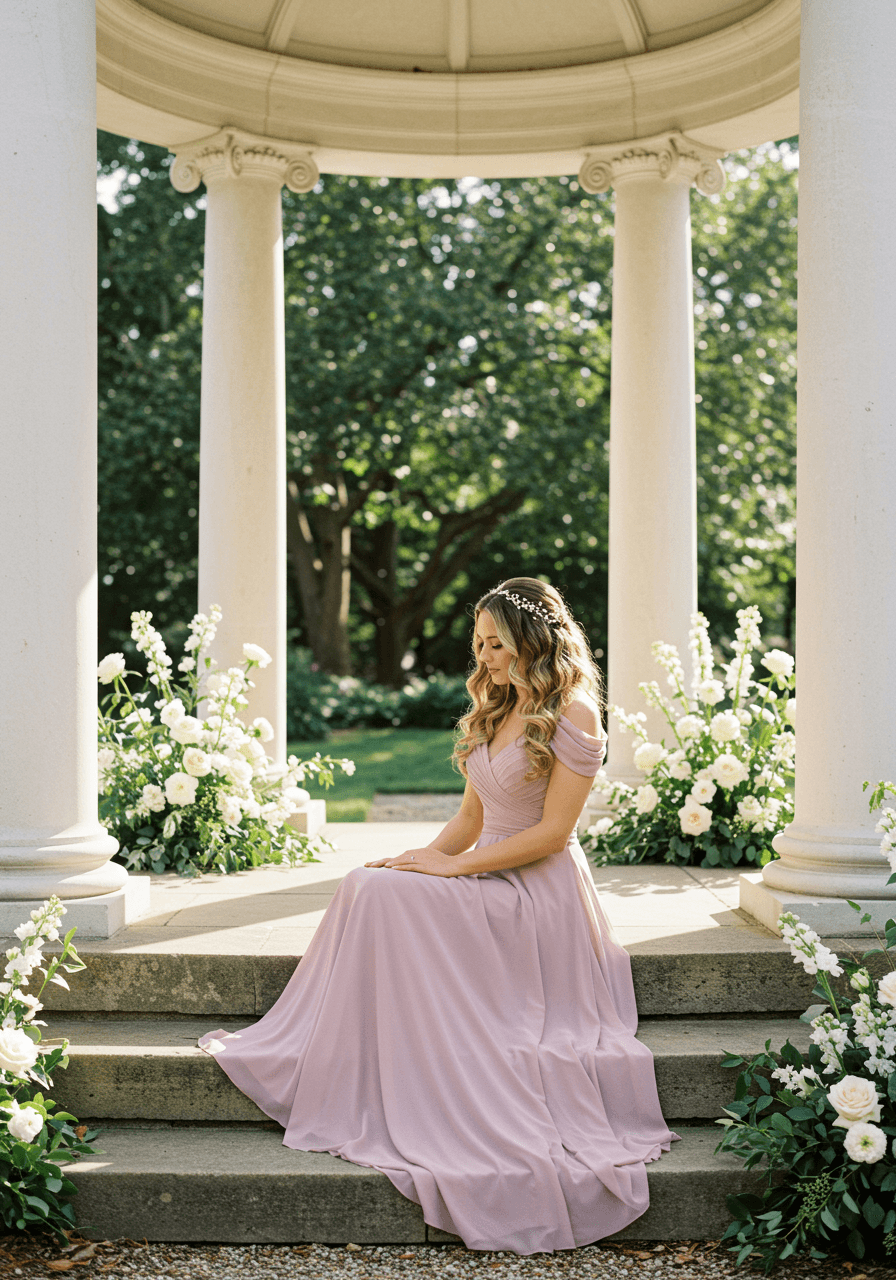 Bridesmaid with loose waves and pearl hair accessories seated on stone garden steps during golden hour