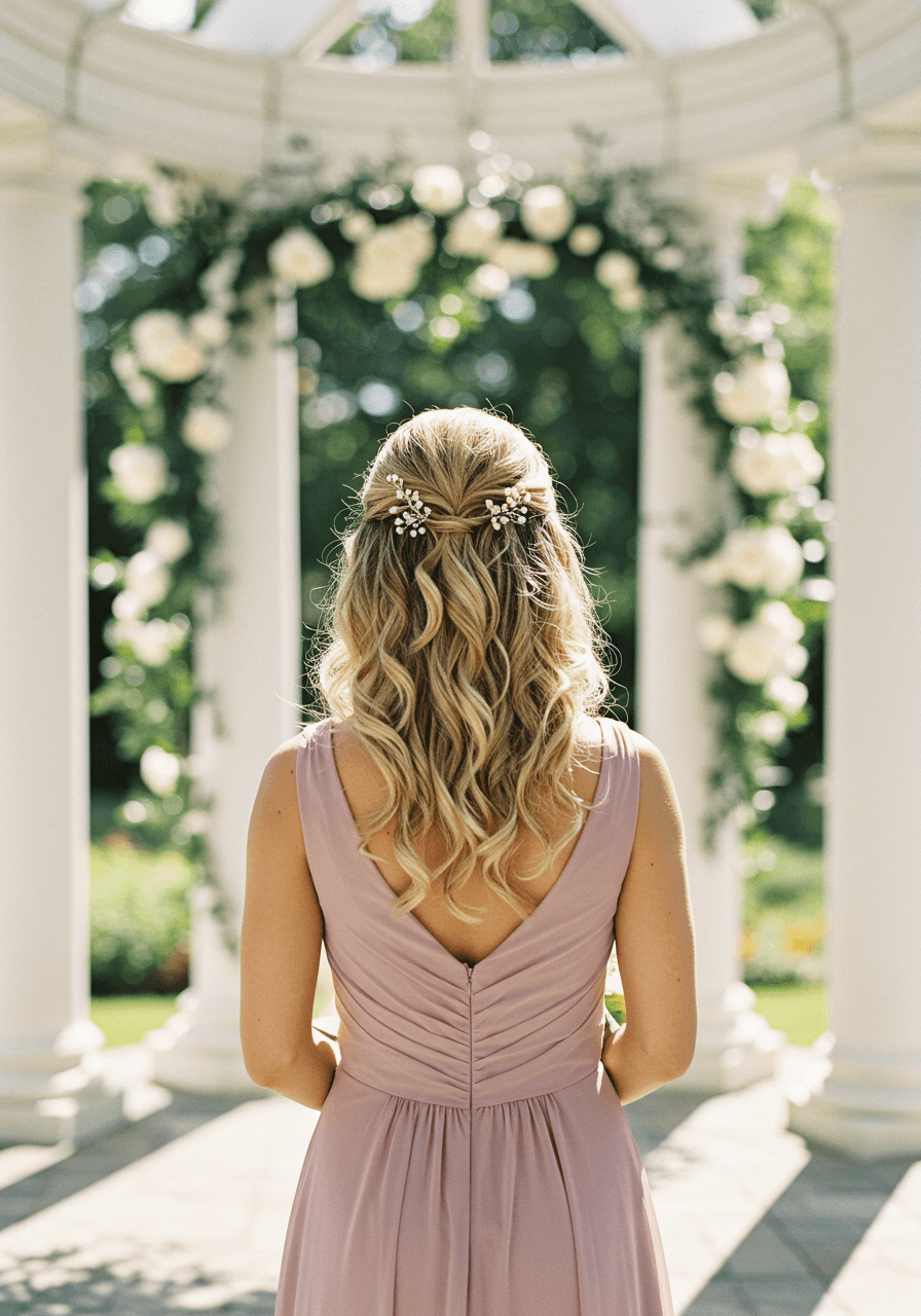 Bridesmaid in dusty rose chiffon with shoulder-length waves and side-swept bangs at sunlit garden pavilion with white columns and roses