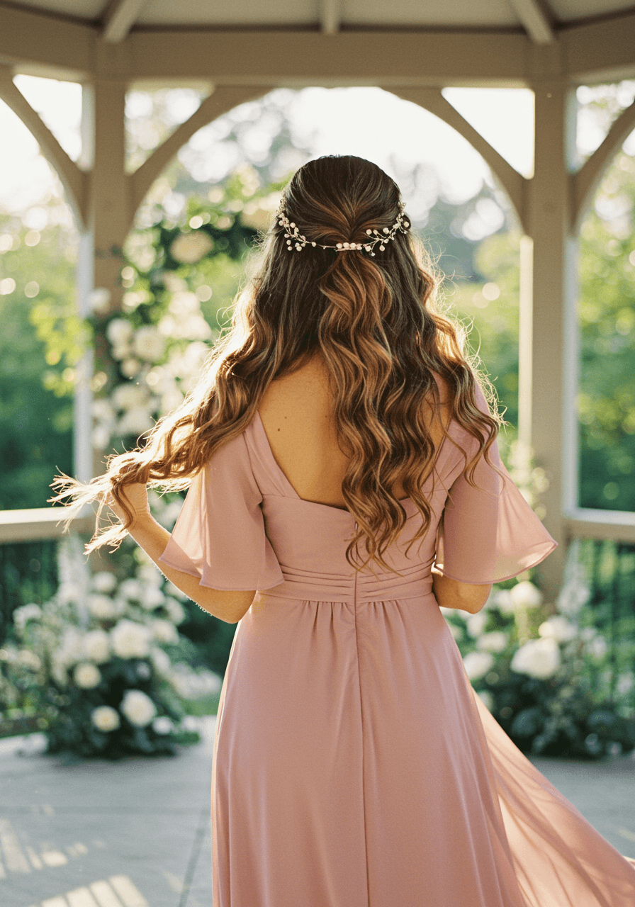 Bridesmaid with long waves cascading over one shoulder in dusty rose chiffon at sunlit garden pavilion with pearl accessories