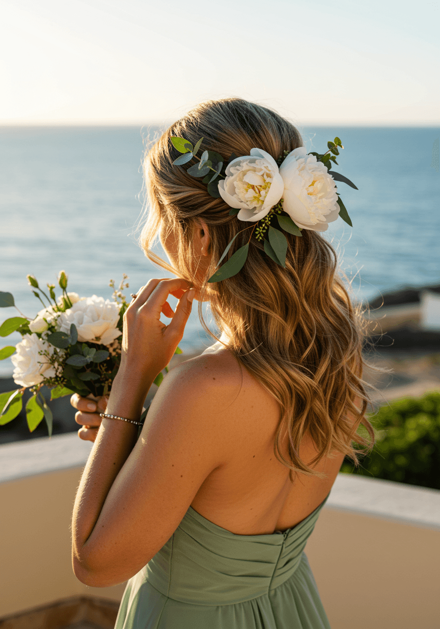 Bridesmaid adjusting coastal waves with fresh white flowers on sun-drenched ocean terrace in flowing sage green dress
